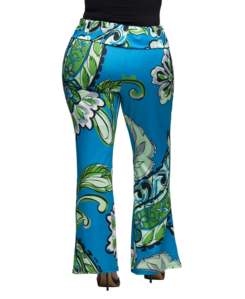 24seven Comfort Apparel Plus Size Print Bell Bottom Fold Over Waist Pants