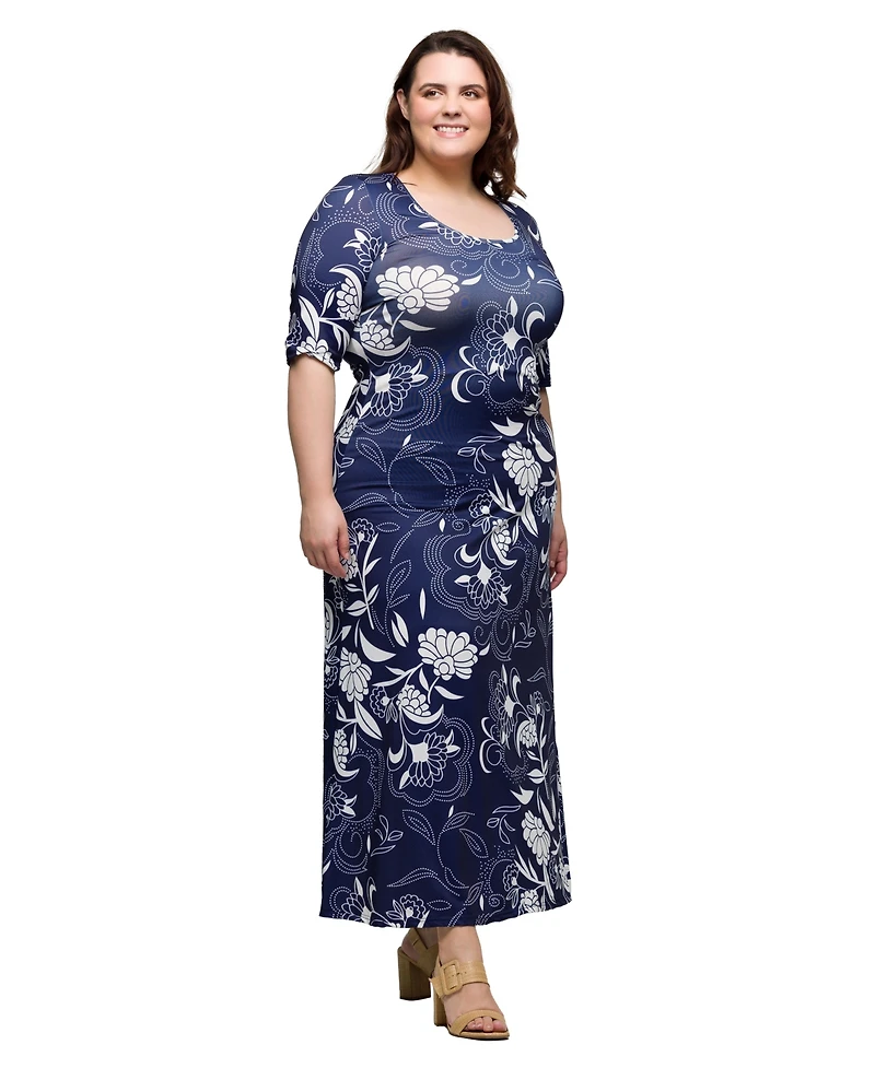 24seven Comfort Apparel Plus Print Elbow Sleeve Casual A-Line Maxi Dress