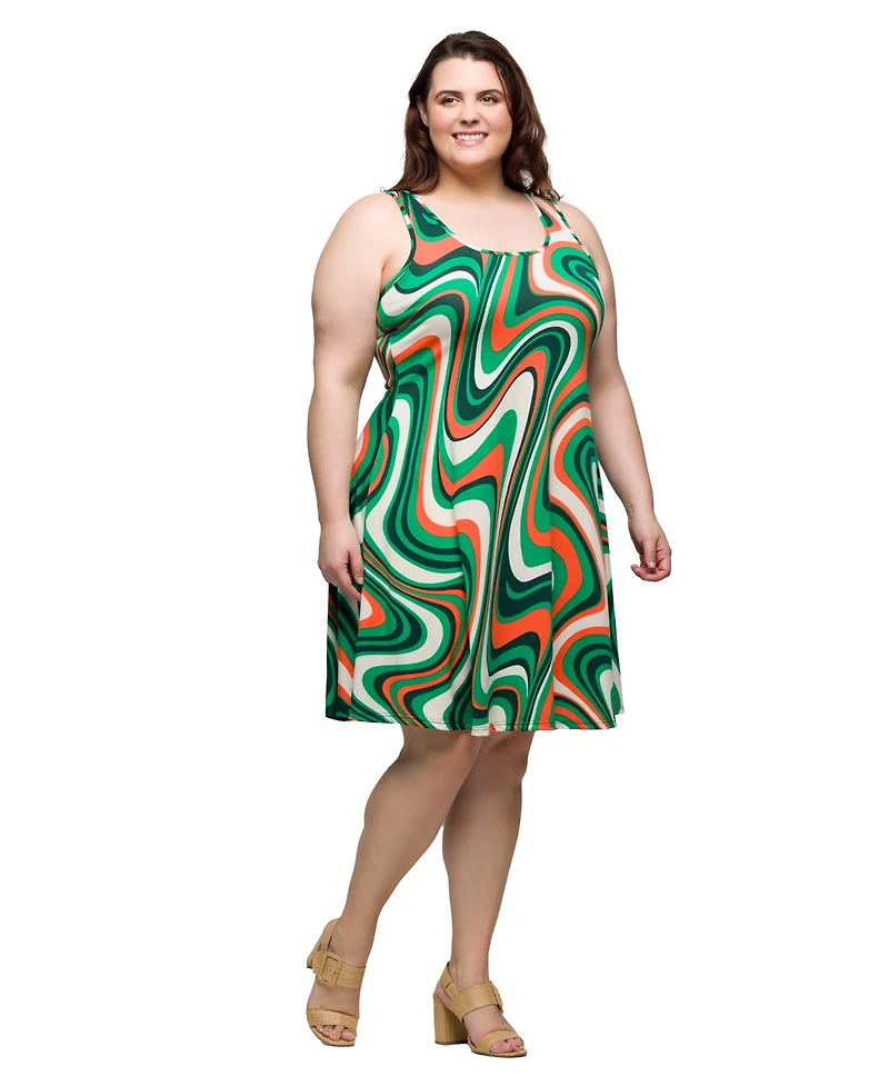 24seven Comfort Apparel Plus Print Sleeveless Knee Length Tank Swing Dress