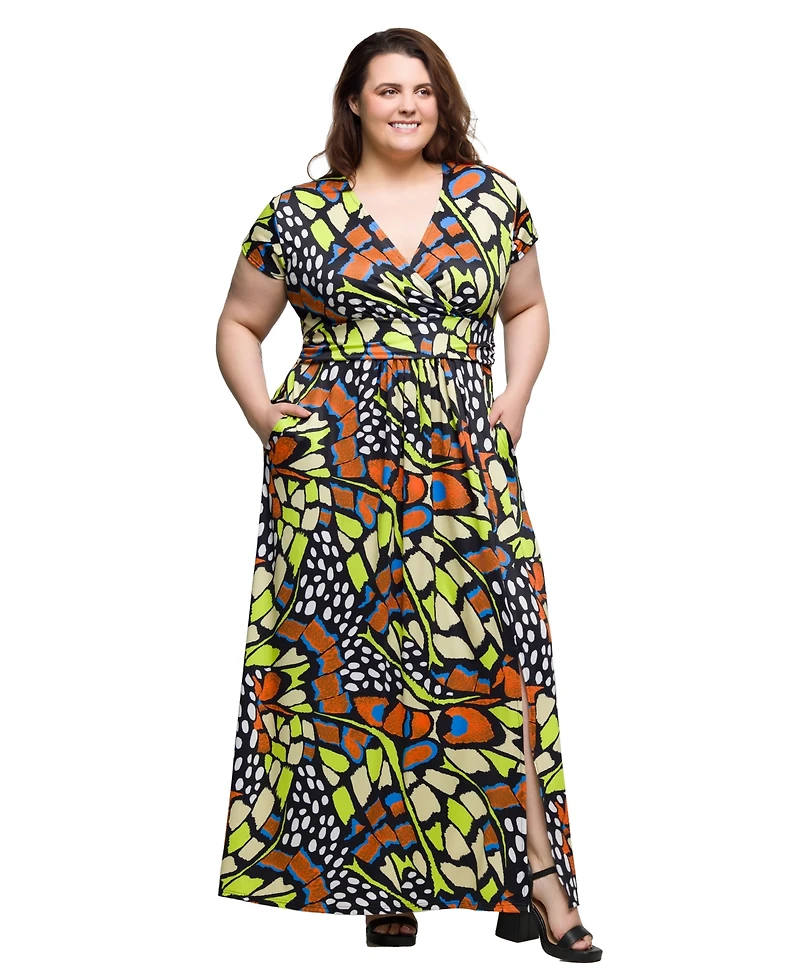 24seven Comfort Apparel Plus Cap Sleeve V-Neck Side Slit Pocket Maxi Dress