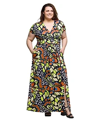 24seven Comfort Apparel Plus Cap Sleeve V-Neck Side Slit Pocket Maxi Dress