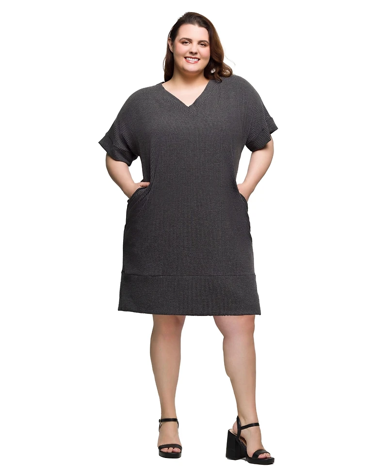 24seven Comfort Apparel Plus V-Neck Loose Fit Short Sleeve Pocket T Shirt Dress