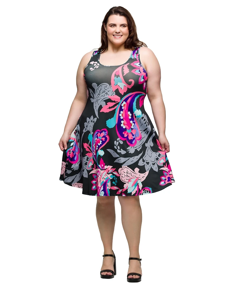 24seven Comfort Apparel Plus Print Sleeveless Knee Length Tank Swing Dress