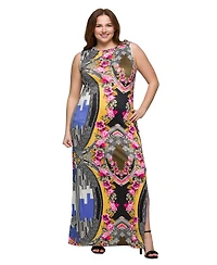 24seven Comfort Apparel Plus Size Print Sleeveless Side Slit Maxi Dress