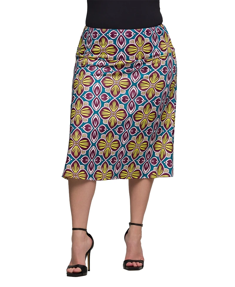 24seven Comfort Apparel Plus Print Comfortable Elastic Waist Knee Length Skirt