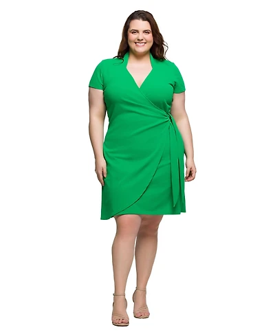 24seven Comfort Apparel Plus Mandarin Collar Knee Length Wrap Dress