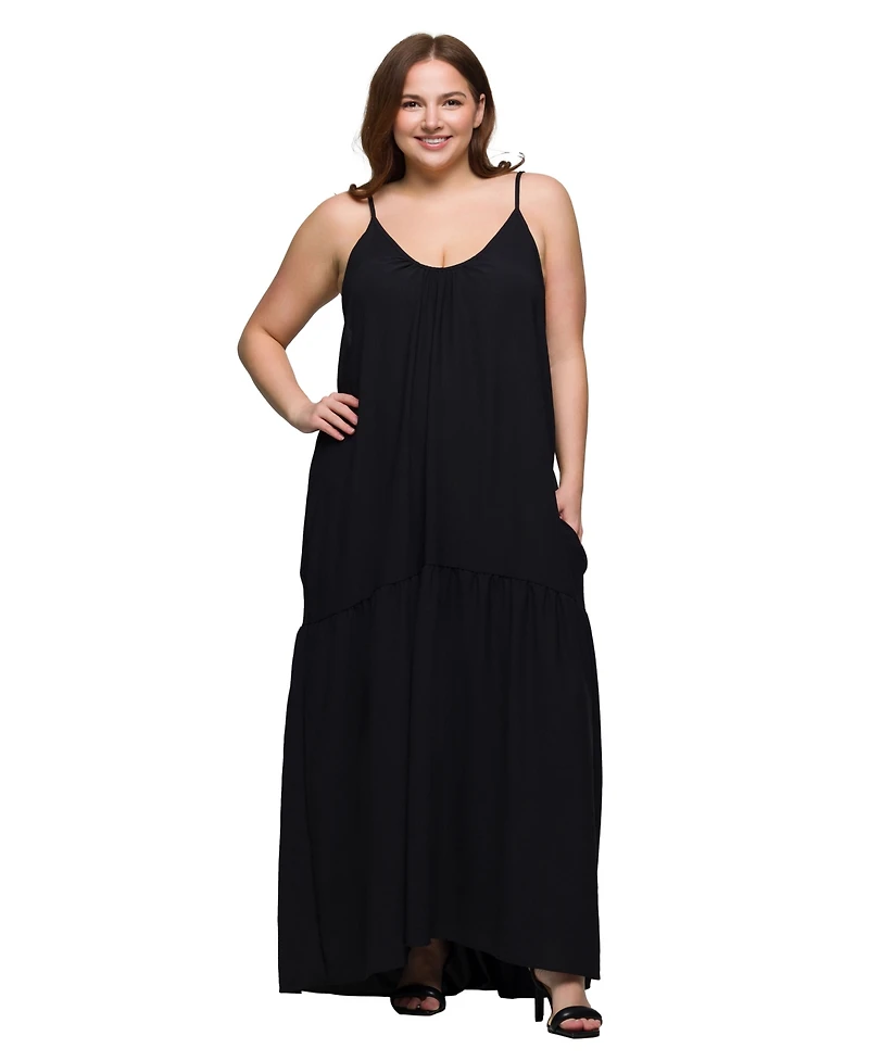 24seven Comfort Apparel Plus Lightweight Spaghetti Strap Pocket Maxi Dress