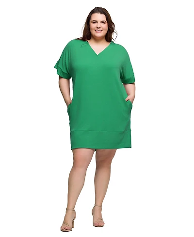 24seven Comfort Apparel Plus V-Neck Loose Fit Short Sleeve Pocket T Shirt Dress