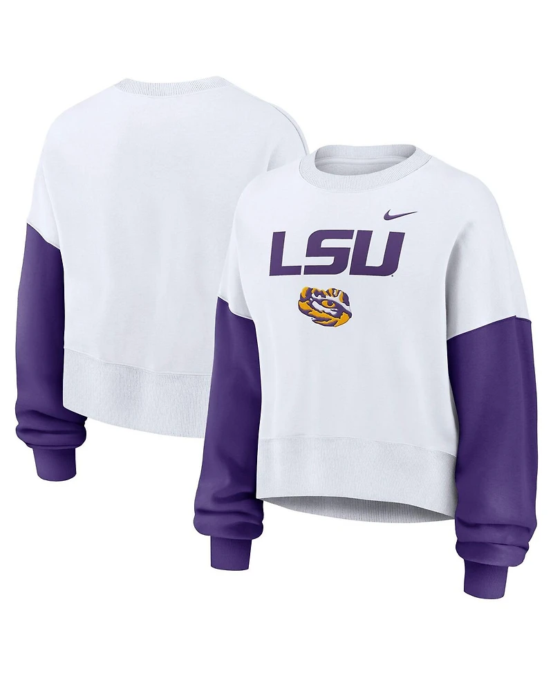 Nike Women's White Lsu Tigers Color-Block Oversized Cropped Pullover Sweatshirt