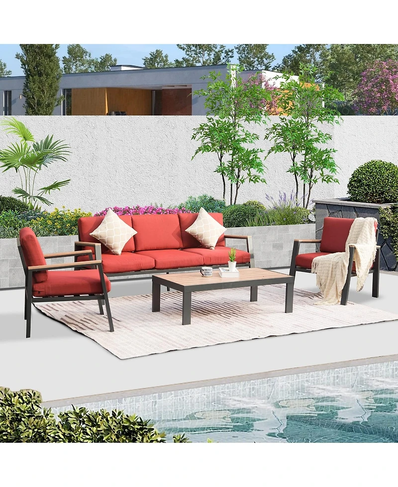 4 Pieces Aluminum Outdoor Patio Furniture Set, Modern Outdoor Sectional with Outdoor Patio Coffee Table & 7 Inch Cushion, Outdoor Patio Sectional Sofa