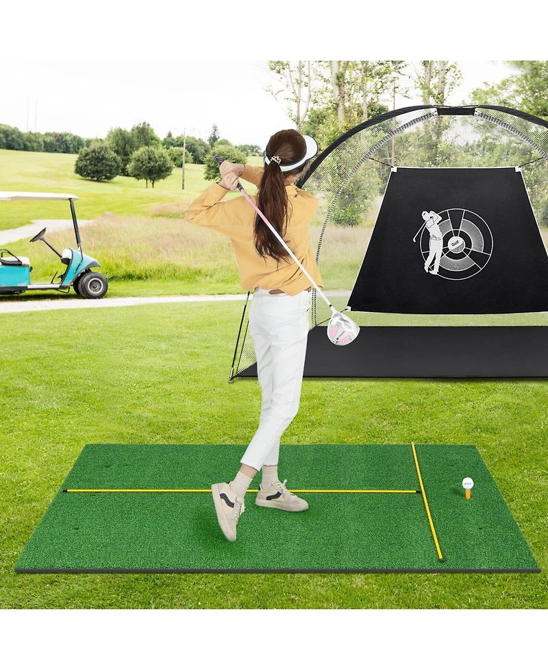 27mm Artificial Turf Golf Practice Mat with 2 Rubber Tees and 2 Alignment Sticks, Portable Indoor/Outdoor