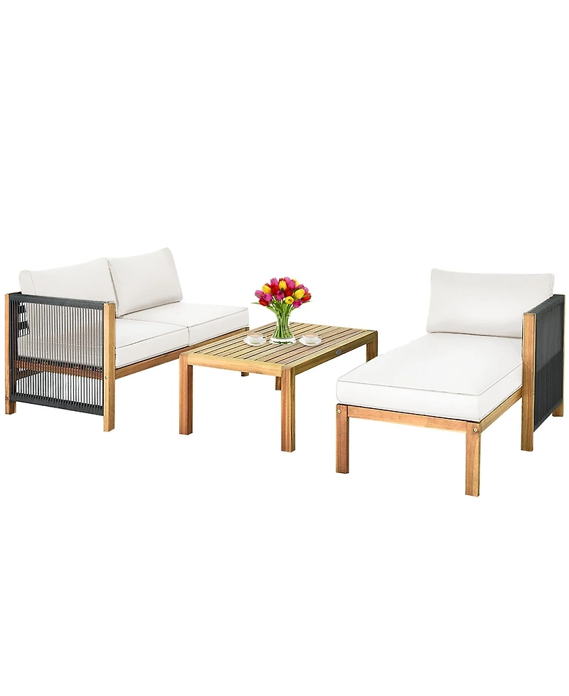 Gymax 3PCS Patio Acacia Wood Sofa Furniture Set Thick Cushion W/ Nylon Rope Armrest