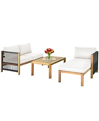 Gymax 3PCS Patio Acacia Wood Sofa Furniture Set Thick Cushion W/ Nylon Rope Armrest