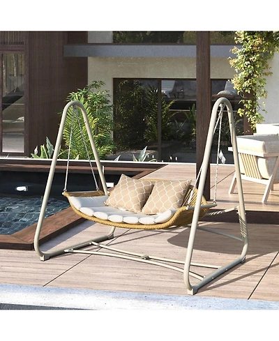 Outdoor Patio Porch Swing, 2-Seat Hanging Swing Chair with Thickened Cushions and Pillow, Rattan Porch Swing Chair Outdoor Hammock Chair for Porch, Ba