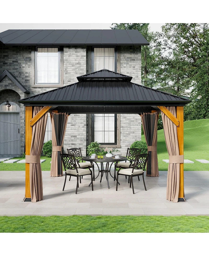 12x12 Ft Heavy-Duty Aluminum Hardtop Gazebo with Galvanized Steel Roof, Weather-Resistant Cedar Wood Outdoor Pavilion for Patio, Backyard