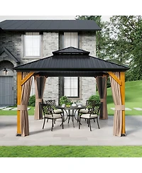 12x12 Ft Heavy-Duty Aluminum Hardtop Gazebo with Galvanized Steel Roof, Weather-Resistant Cedar Wood Outdoor Pavilion for Patio, Backyard