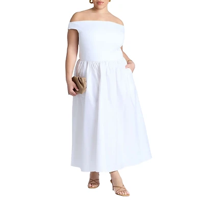 Eloquii Women's Plus Boat Neck Mixed Fabric Dress