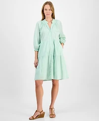 Style & Co Petite Smocked 3/4-Sleeve Tiered Shirtdress, Exclusively at Macy's