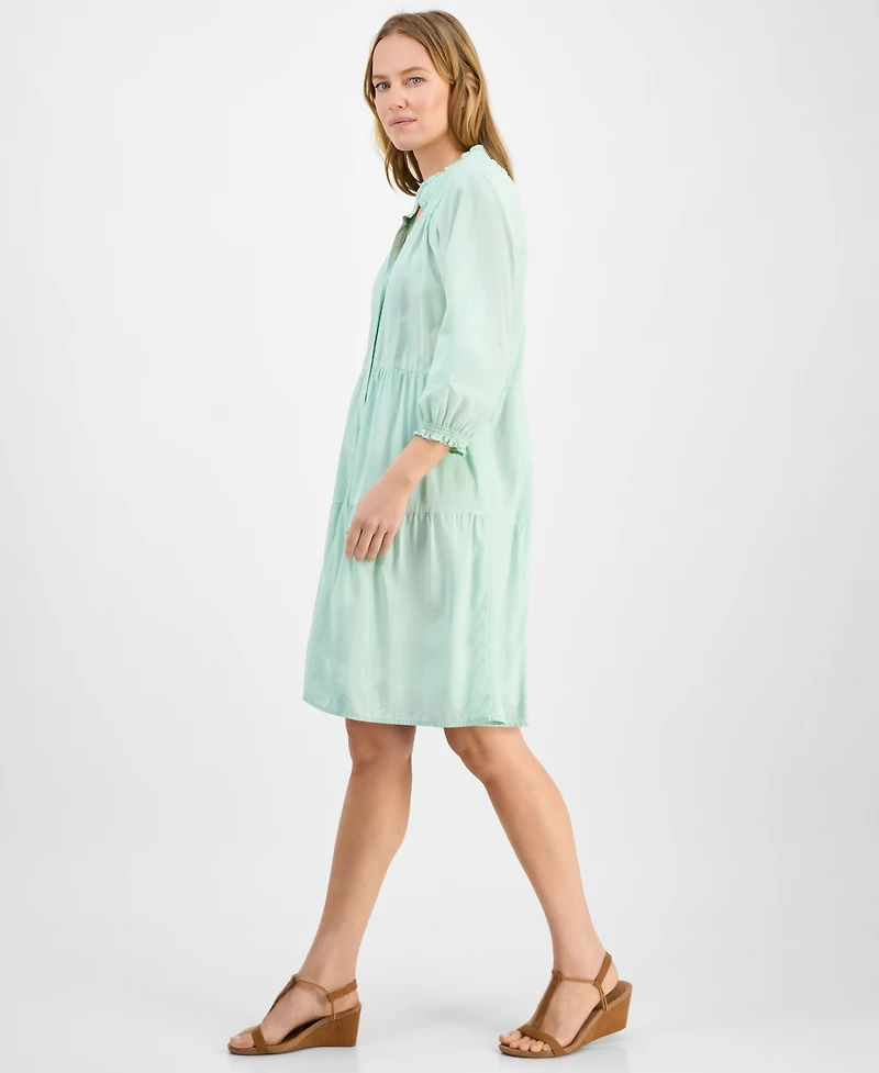 Style & Co Petite Smocked 3/4-Sleeve Tiered Shirtdress, Exclusively at Macy's