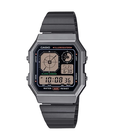 Casio Men's Vintage Digital Gunmetal-Tone Stainless Steel Bracelet Watch 34mm