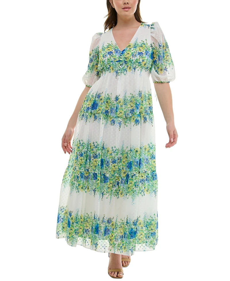 Taylor Plus Floral-Print Chiffon A-Line Midi Dress