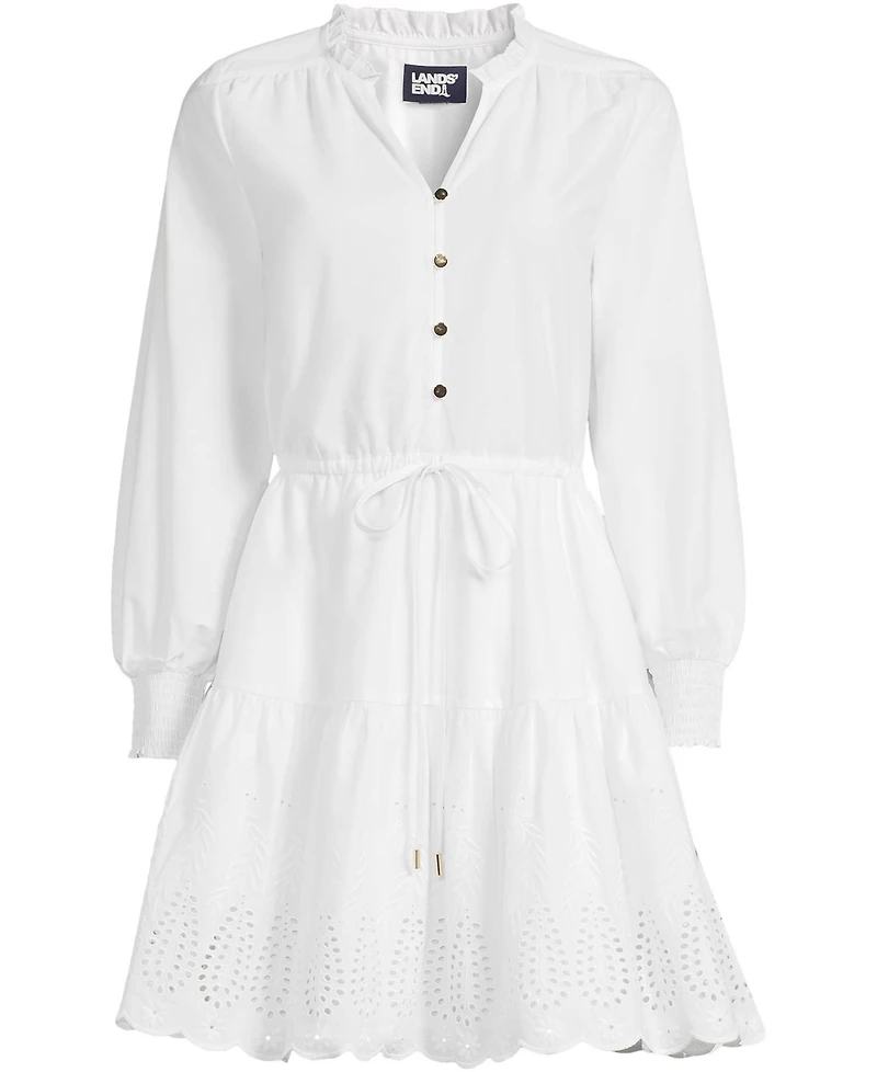 Lands' End Women's Long Sleeve Eyelet Mini Popover Dress
