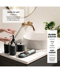 Complete Burlap-Texture Polyresin Bathroom Decor & Accessory Set with Shower Curtain, Shower Caddy Set & Bath Rugs