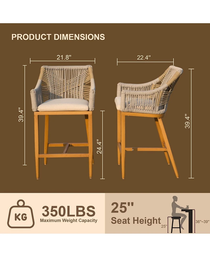 Bar Stools Set of 2 with Arm and Backrest, Outdoor Counter Height Chairs Cushion, Aluminum Tall stools-Rounded Backre