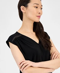 Anne Klein Women's Lace-Inset Extended-Shoulder V-Neck Top