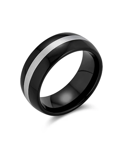 Bling Jewelry Simple Black Grey Inset Stripe Couples Titanium Band Ring Comfort Fit 8MM