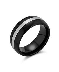 Bling Jewelry Simple Black Grey Inset Stripe Couples Titanium Band Ring Comfort Fit 8MM