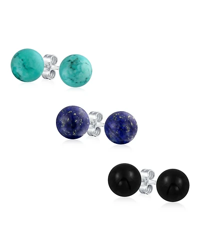 Bling Jewelry Set of 3 10MM Natural Stones Ball Stud Earrings Sterling Silver