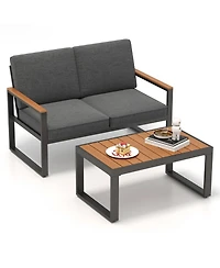 Gymax 2 Pcs Patio Aluminum Furniture Set Cushioned Sectional Sofa w/ Coffee Table