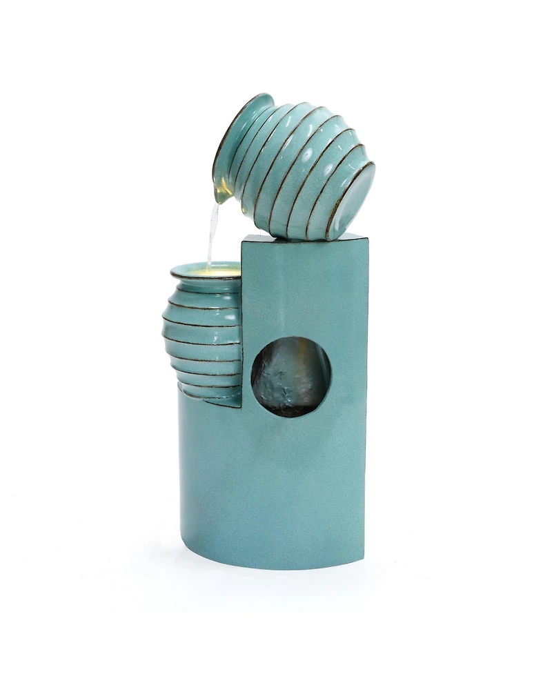 LuxenHome Aqua Blue 3-Tier Bowls 2.5-Feet Tall Outdoor Polyresin Fountain with Lights