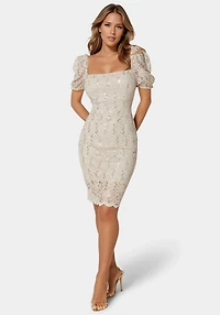 Bebe Women's Lace Slim Dress with Puff Sleeves