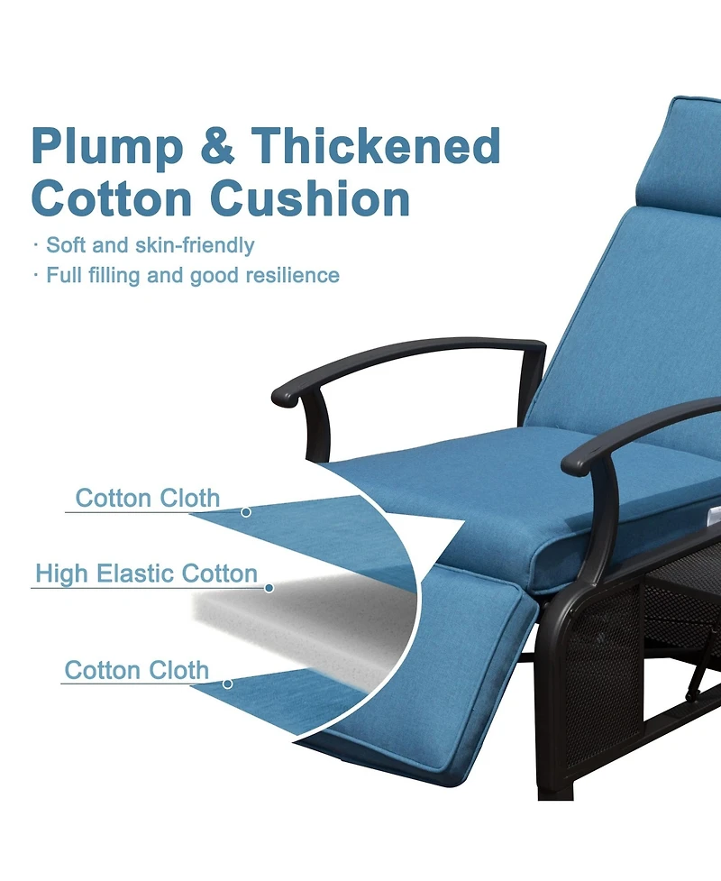 Adjustable Patio Recliner Chair Metal Outdoor Lounge with Flip Table Push Back, Angle, 6.8'' Removable Cushions, Beige