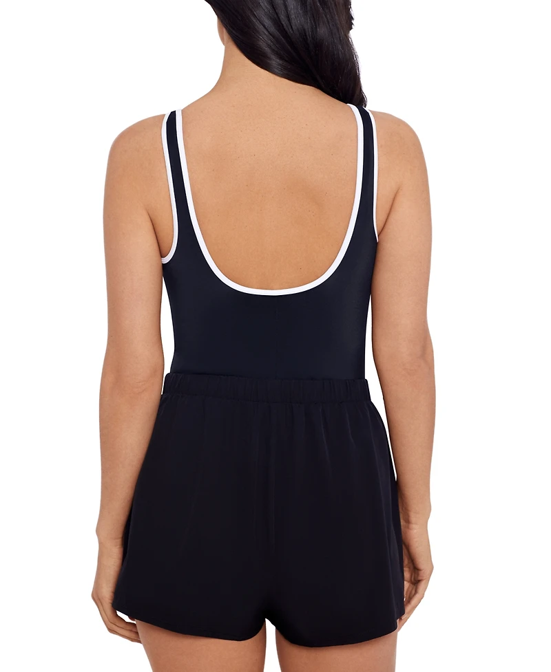 ShapeSolver Sport by Mimi Flamingo Women's Shirred Zipper Jogger One Piece Swimsuit