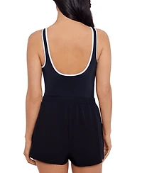 ShapeSolver Sport by Mimi Flamingo Women's Shirred Zipper Jogger One Piece Swimsuit