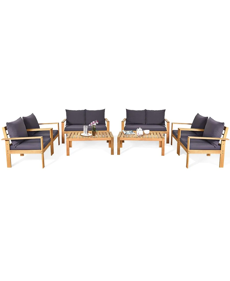 8PCS Patio Furniture Set Acacia Wood Thick Cushion Loveseat Sofa