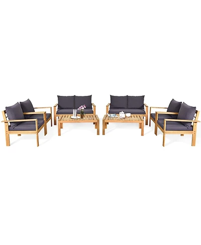 8PCS Patio Furniture Set Acacia Wood Thick Cushion Loveseat Sofa