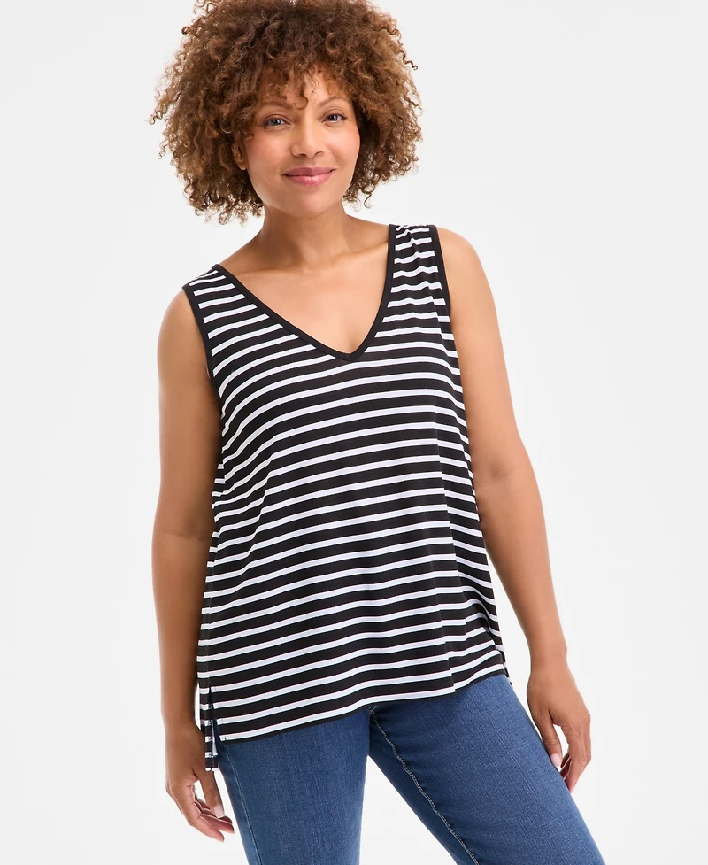 Style & Co Women's Striped Linen Blend V-Neck Tank Top, Exclusively at Macy's