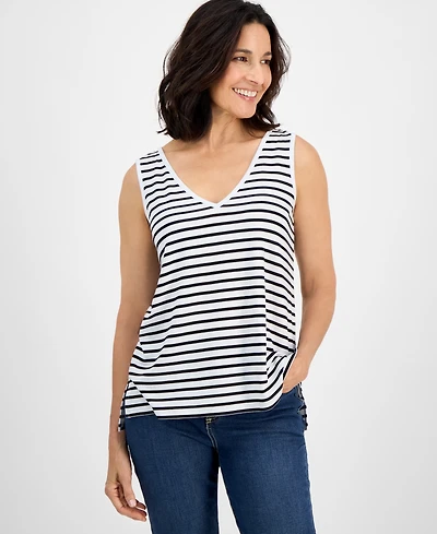 Style & Co Women's Striped Linen Blend V-Neck Tank Top, Exclusively at Macy's