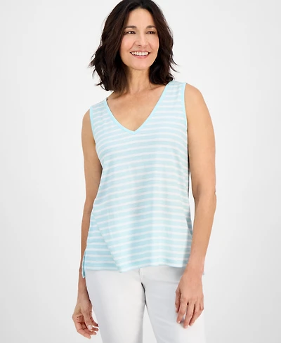 Style & Co Women's Striped Linen Blend V-Neck Tank Top, Exclusively at Macy's