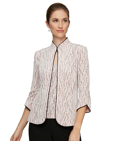 Alex Evenings Printed Piped 3/4-Sleeve Two-Piece Glitter Top & Jacket