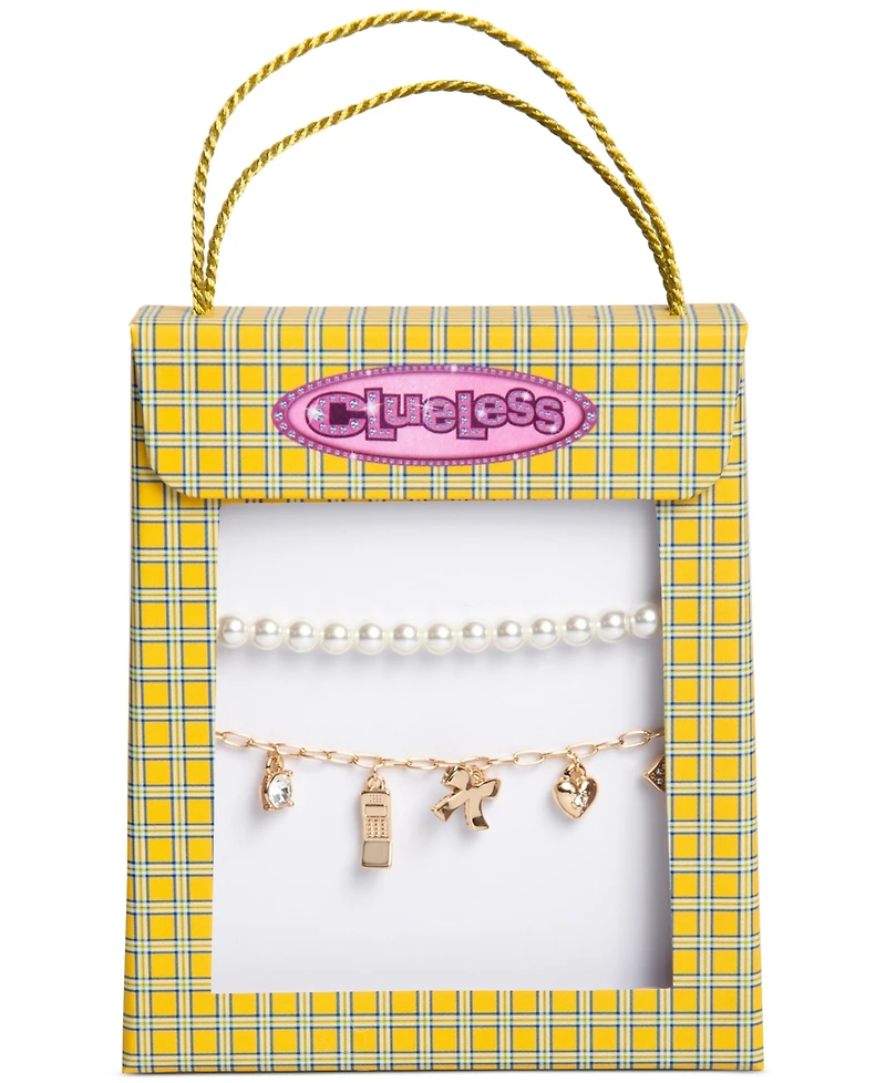 Clueless Gold-Tone 2-Pc. Set Crystal Charm Slider & Imitation Pearl Beaded Stretch Bracelets