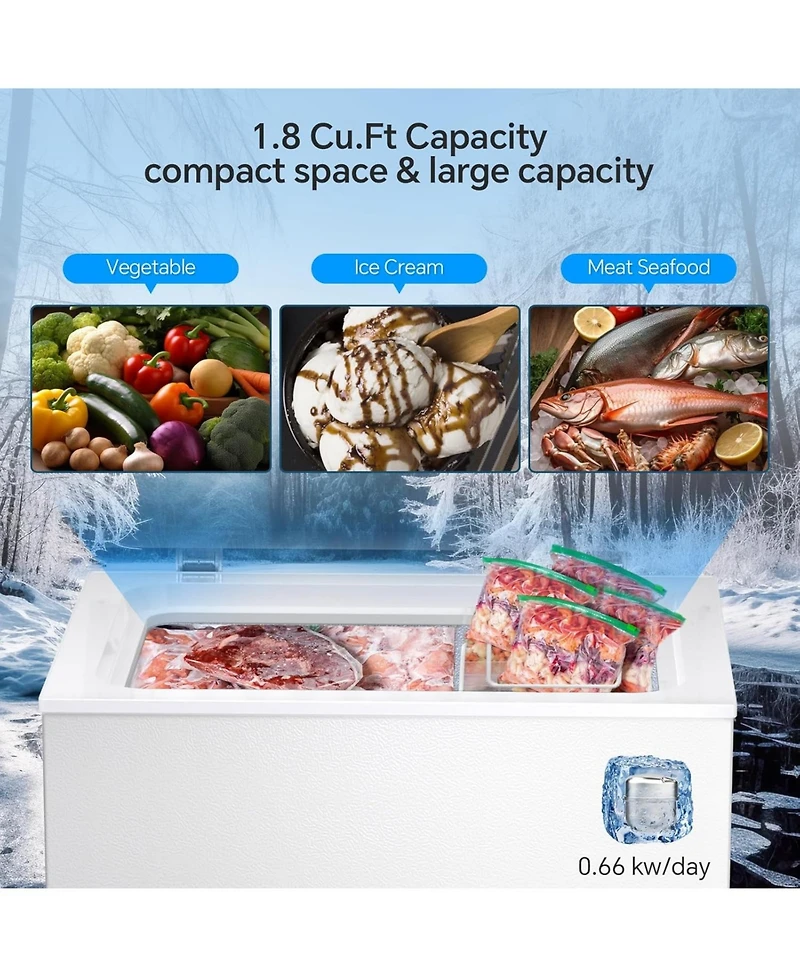 Zafro 1.8 Cu. Ft. Chest Freezer – This compact, freestanding freezer features a removable basket, adjustable temperature control, and a top-ope