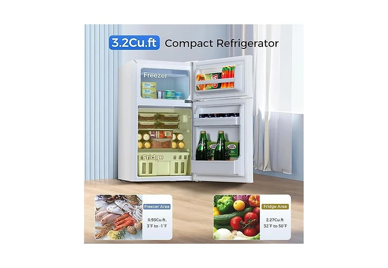 Zafro 3.2 cubic foot mini fridge with separate freezer compartment and double door design is perfect for a basement, apartment, dorm room or office. I