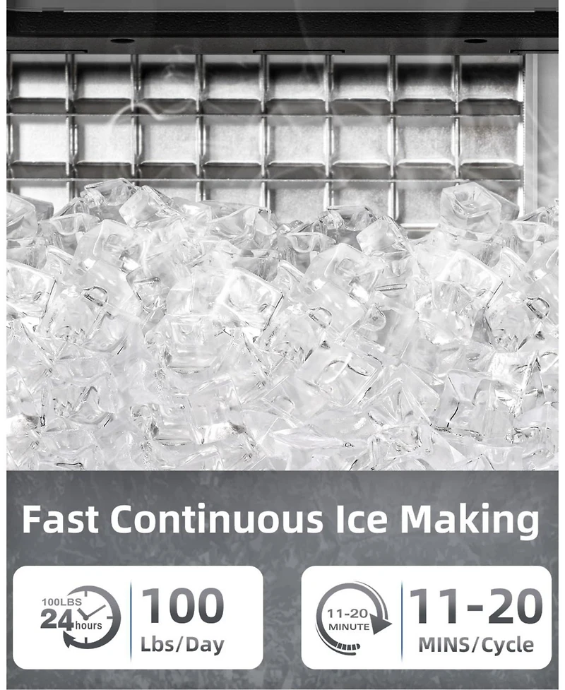 Zafro Commercial ice maker produces 100 lbs of ice per day, with a 33 lbs storage capacity. Features 2-way water inlet, self-cleaning function, and a