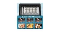 Zafro moon-shaped ice maker can produce 100 pounds of ice per day and has a storage capacity of 28 pounds. It features a two-way water filling system,