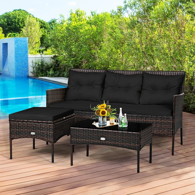 Gymax Set of 3 3-Seat Sofa Cushioned Table Rattan Furniture Garden Patio